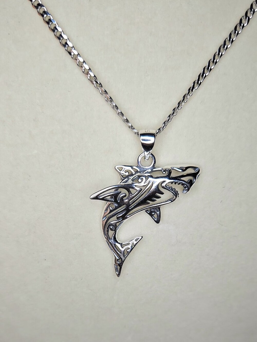 Sterling Silver Tribal Shark Pendant And Italian Curb Chain